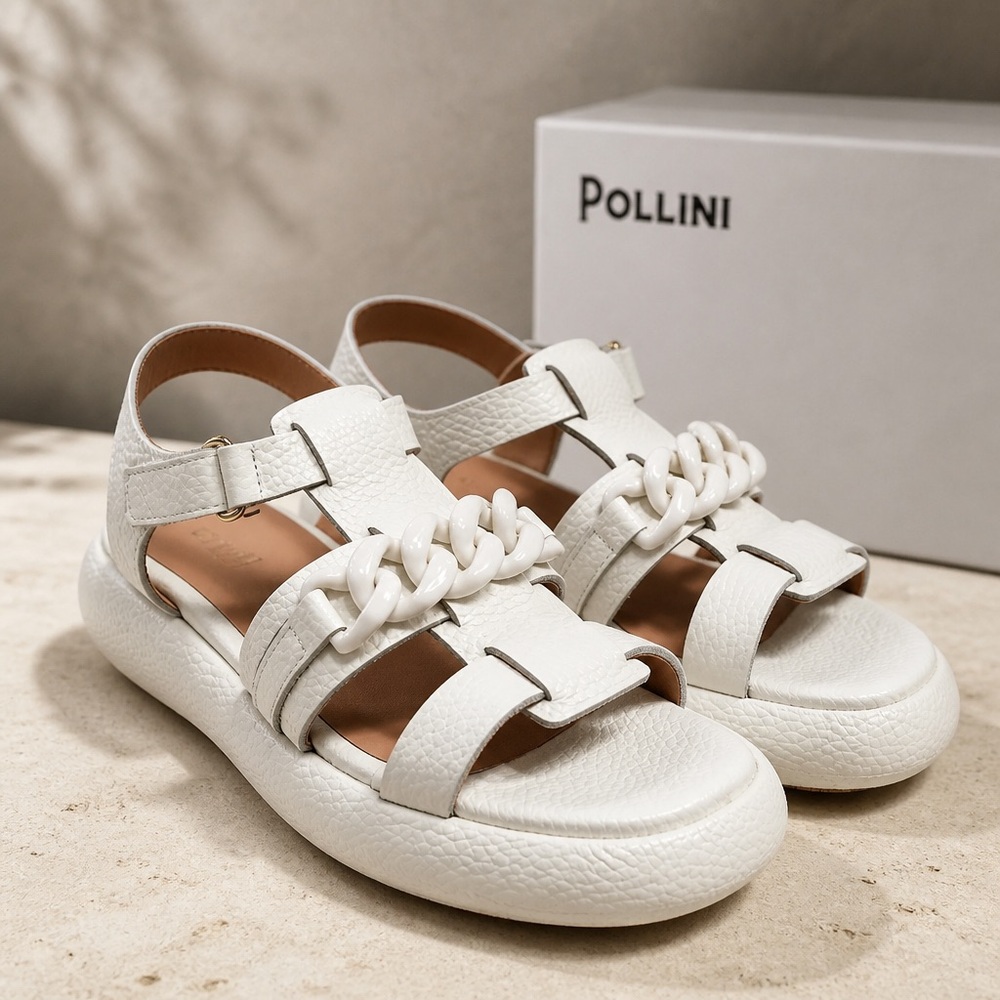 Pollini Women’s White Soft Leather Chain Strap Comfort Summer Flat Sandals